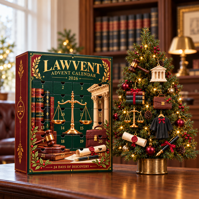Lawvent calendar next to a mini Christmas tree with legal ornaments