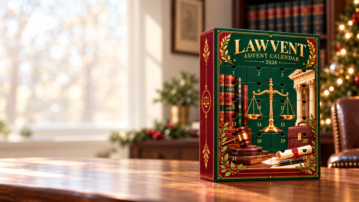 Lawvent Advent Calendar on a lawyer's desk at Christmas