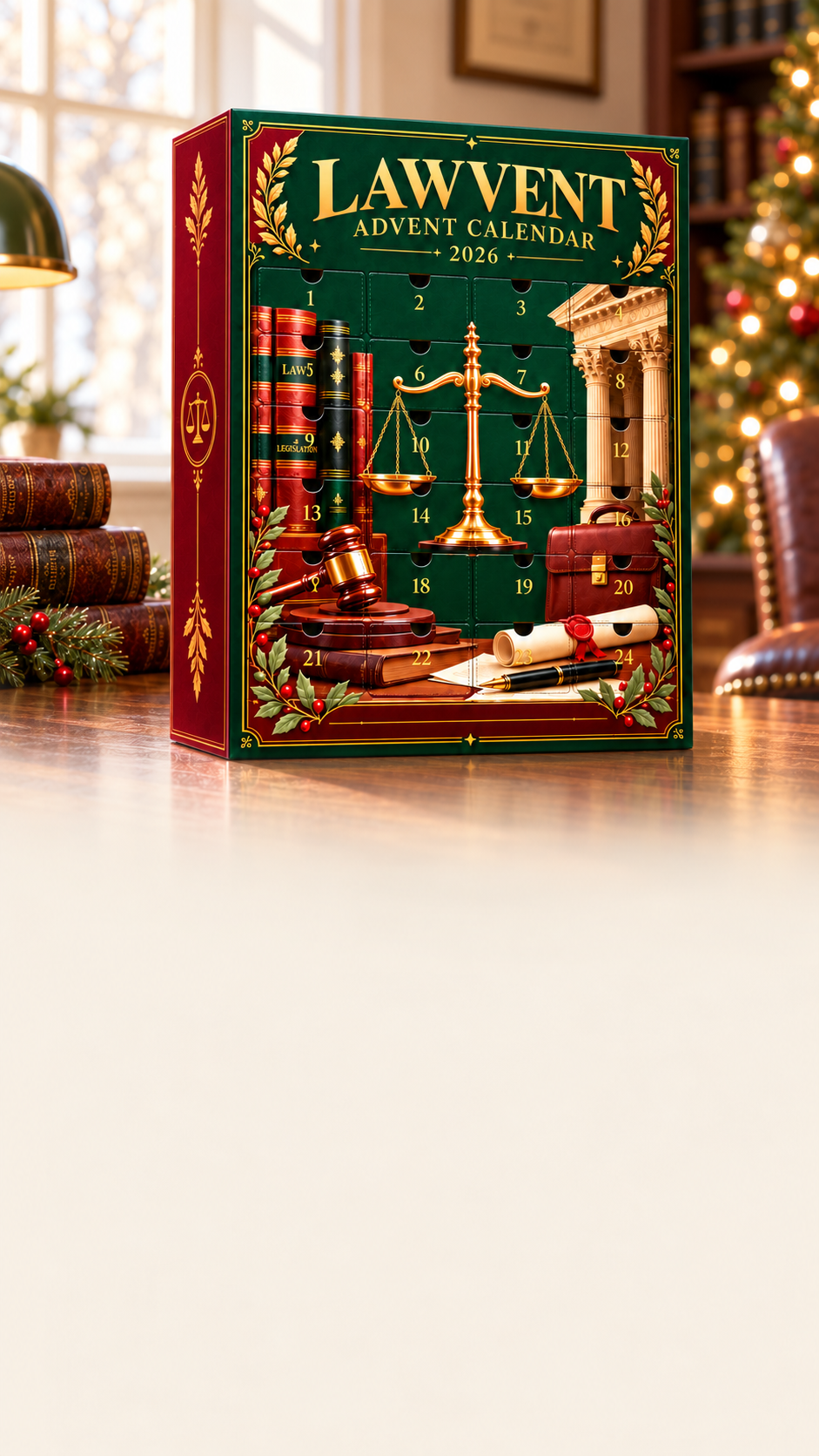 Lawvent Advent Calendar on a lawyer's desk at Christmas