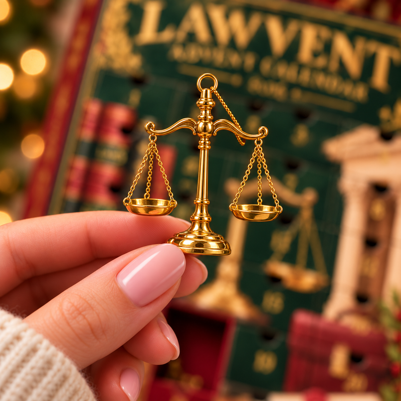 A tiny gold scale of justice from the Lawvent calendar