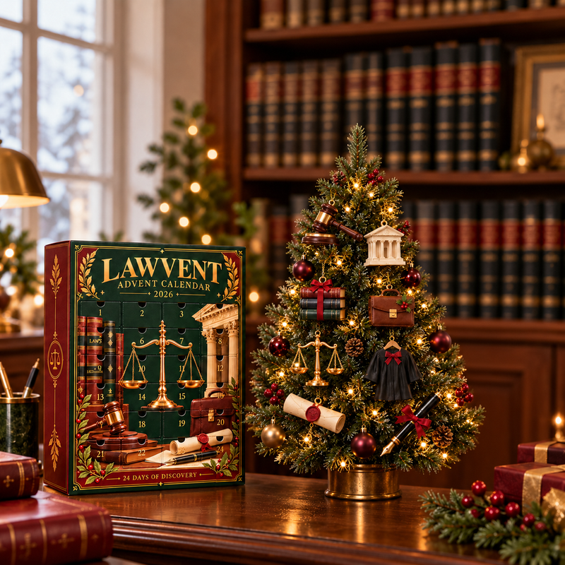 Lawvent calendar next to a small Christmas tree with legal ornaments